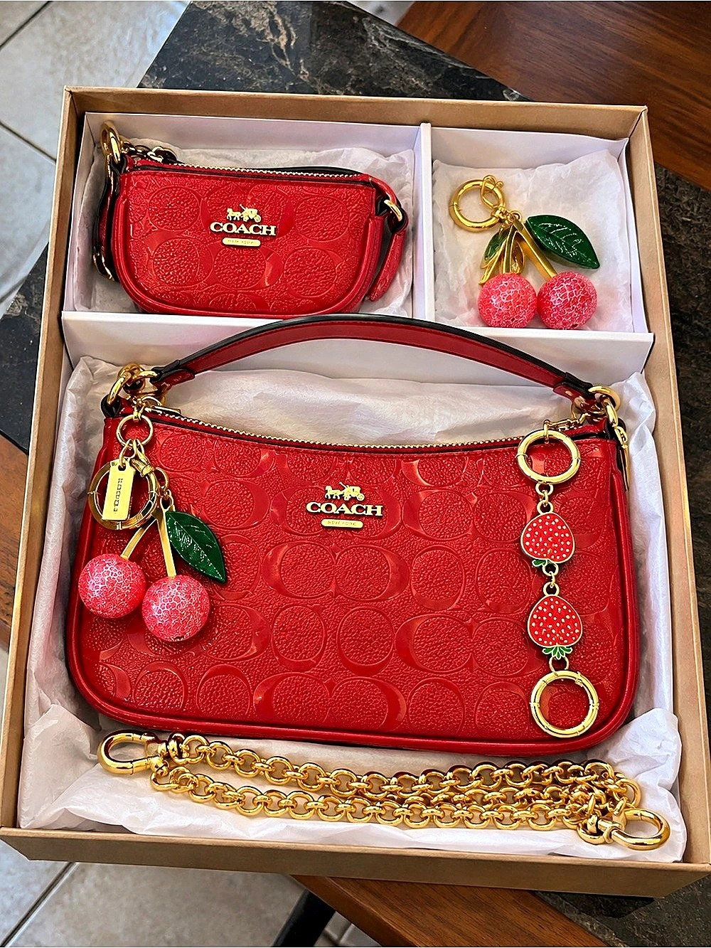 Coach Swinger Bag Gift Set with Cherry and Strawberry Charms Red Shoulder Bag